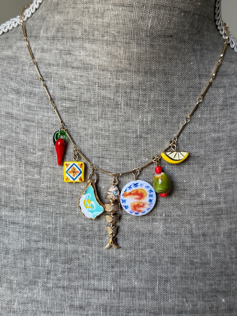 Atterri Tapas Oyster, Fish, Olive, Lemon, ShrimpChili Pepper Charm Necklace